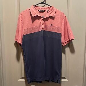 TravisMathew Men’s Pink & Navy Roan Rouge Colorblock Polo Size Large Pima Cotton